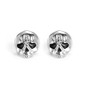 Gothic silver skull stud earrings with heart eyes and black oil drip finish for women and men