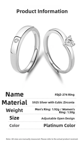 Detail view of adjustable S925 silver couple rings with heart-shaped cubic zirconia stone