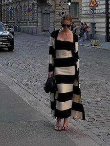 Robe Longue Rayée En Tricot Col En V Manches Longues Robe Et Cardigan Élégant Casual Streetwear Mode