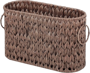 Detailed view of dark brown woven storage basket with V-shaped texture and ring handles