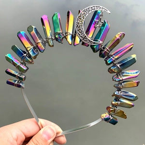 Rainbow crystal quartz crown with moon and star charms on a silver metal headband