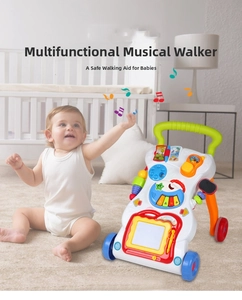 Detail of baby walker music panel featuring keyboard, drawing board and sensory toys