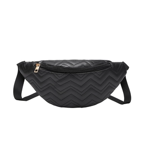 Fashionable black chevron quilted waist bag with gold zippers and adjustable strap