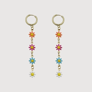 Colorful Flower Dangle Earrings Enamel Daisy Long Tassel Stainless Steel Hoop Jewelry For Women Sweet Vacation Style
