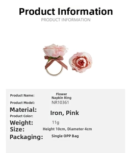 Detail view of pink rose napkin ring with bow and pearl, size 10cm high and 4cm wide