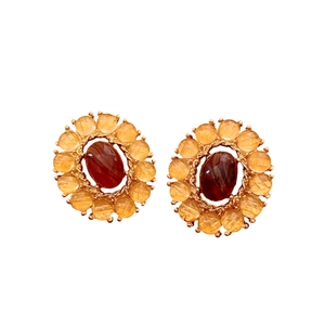 Vintage style oval red agate earrings with yellow crystal beads and gold metal frame