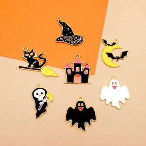 Halloween alloy enamel charm set featuring wizard hat, ghost, and bat for DIY jewelry
