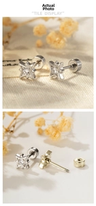Détail macro de boucles d'oreilles étoile en zircon avec fermoir à vis sécurisé