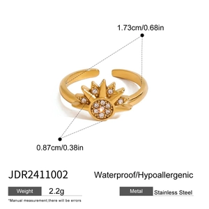 Gold stainless steel sunburst open ring with product dimensions and weight specs