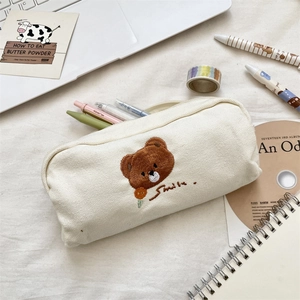 Cute Bear Embroidery Canvas Pencil Case Large Capacity Stationery Bag Zipper Pouch For Students School Office Supplies