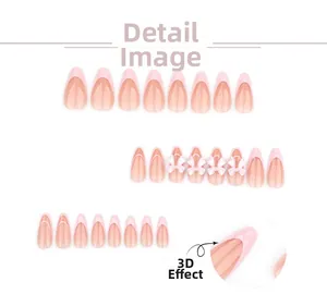 Vue détaillée d'ongles adhésifs French roses avec nœuds 3D et finition brillante