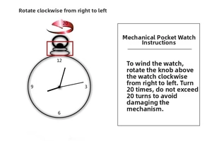 Mechanical pocket watch manual showing how to wind the knob clockwise up to 20 times