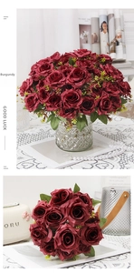 Detailed close-up of realistic wine red artificial roses in an embossed glass vase