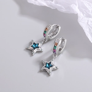 Blue star drop earrings with colorful zircon inlay and silver plated finish