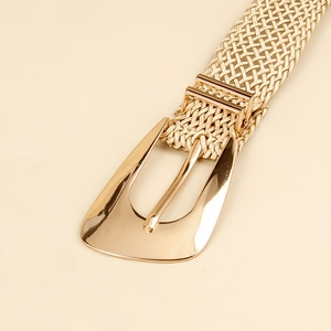 Close-up of golden woven belt with a polished metallic buckle and textured pattern