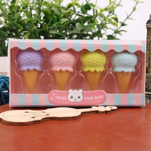 Set of 4 cute ice cream cone erasers in a gift box with a cartoon bear design