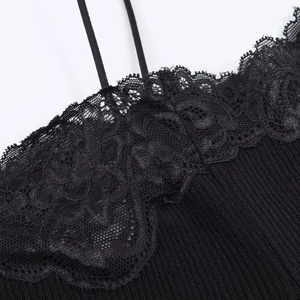 Close-up of black lace neckline and ribbed knit texture on women's off-shoulder top