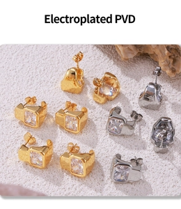 Macro view of square-cut zircon earrings with gold and silver PVD electroplated finish