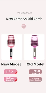 Comparison showing pink hairbrush with rubber paint handle weighing 113.2g and 96.0g