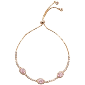 French luxury rose gold adjustable bracelet with three oval pink zircon stones and white gems