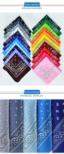 Detailed view of paisley bandanas in various colors with high-quality edge stitching