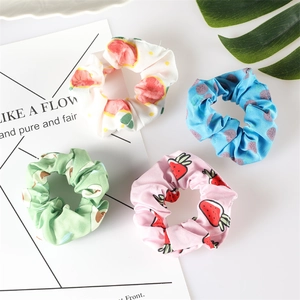 Set of 4 cute fruit print scrunchies featuring strawberry, avocado and watermelon designs