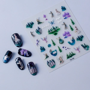 3D embossed enchanted forest nail art stickers with fairy unicorn and castle patterns