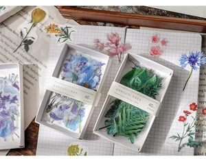 Close-up of vintage botanical decorative stickers in 40pcs box for scrapbooking decor
