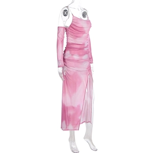 Detail of pink tie-dye mesh dress with side slit and matching arm sleeves