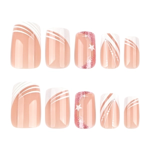 Kurze quadratische künstliche Nägel mit weißen French-Linien und rosa Glitzersternen