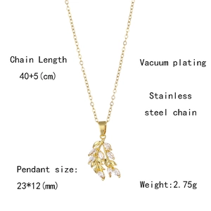 Detail showing 40+5cm chain and 23*12mm zircon leaf pendant with product specifications