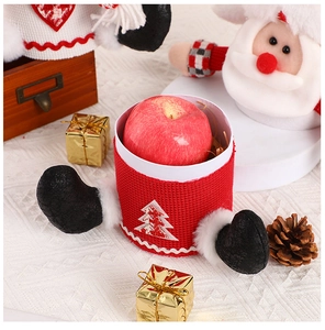 Close-up of a festive knitted Christmas gift box featuring Santa and apple storage