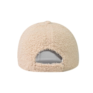 Detailed back view of a warm beige lamb wool baseball cap showing soft curly texture