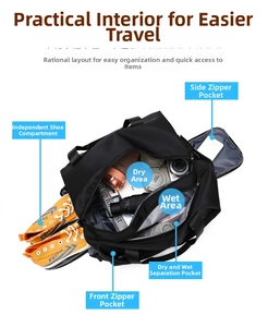 Interior layout showing dry wet separation and independent shoe compartment of travel bag