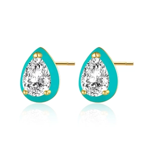 S925 sterling silver teardrop earrings with gold finish, green enamel and clear crystals
