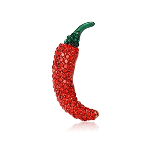 Elegant red chili brooch featuring sparkling rhinestones and green crystal stem detail
