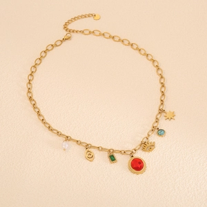 Golden stainless steel necklace featuring colorful opal pendants and eye motifs