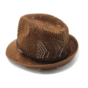 Detail of dark brown crochet fedora with hollow weave texture and leather-like band