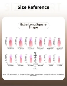 Size chart showing 24 pieces of pink purple long square press-on nails in 12 sizes