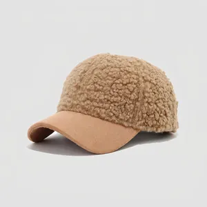 Close-up of thick teddy fleece texture on a warm winter kids' baseball cap