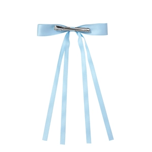 Blue satin ribbon bow hair clip with long tassel streamers and silver metal duckbill clip