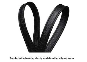Detail of black pebbled leather handle with durable reinforced double stitching on tote bag