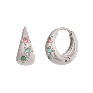 Close-up of U-shaped silver hoop earrings with stars and colored zircon stones