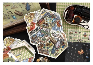 Macro detail of retro 2.5D medical alchemy stickers on vintage book and surgical tray