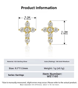 Detailed size chart for S925 sterling silver cross stud earrings with zircon stones