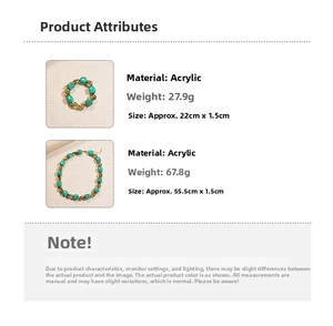 Detail view of teal acrylic bead necklace with gold accents and size specifications