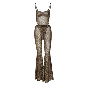 Detail of sheer mesh leopard print fabric and flared pants texture for this sexy two-piece set