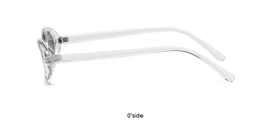 Side profile of oval sunglasses with transparent frames and 0-degree side view detail