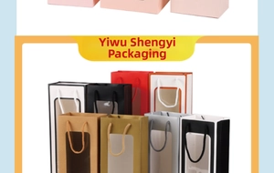 Detailed macro view of assorted gift bags with transparent windows and durable woven handles