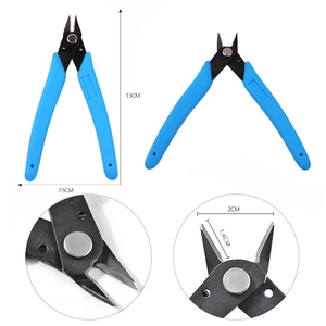 Blue handle precision nail art diagonal pliers with closed and open view, 13cm length